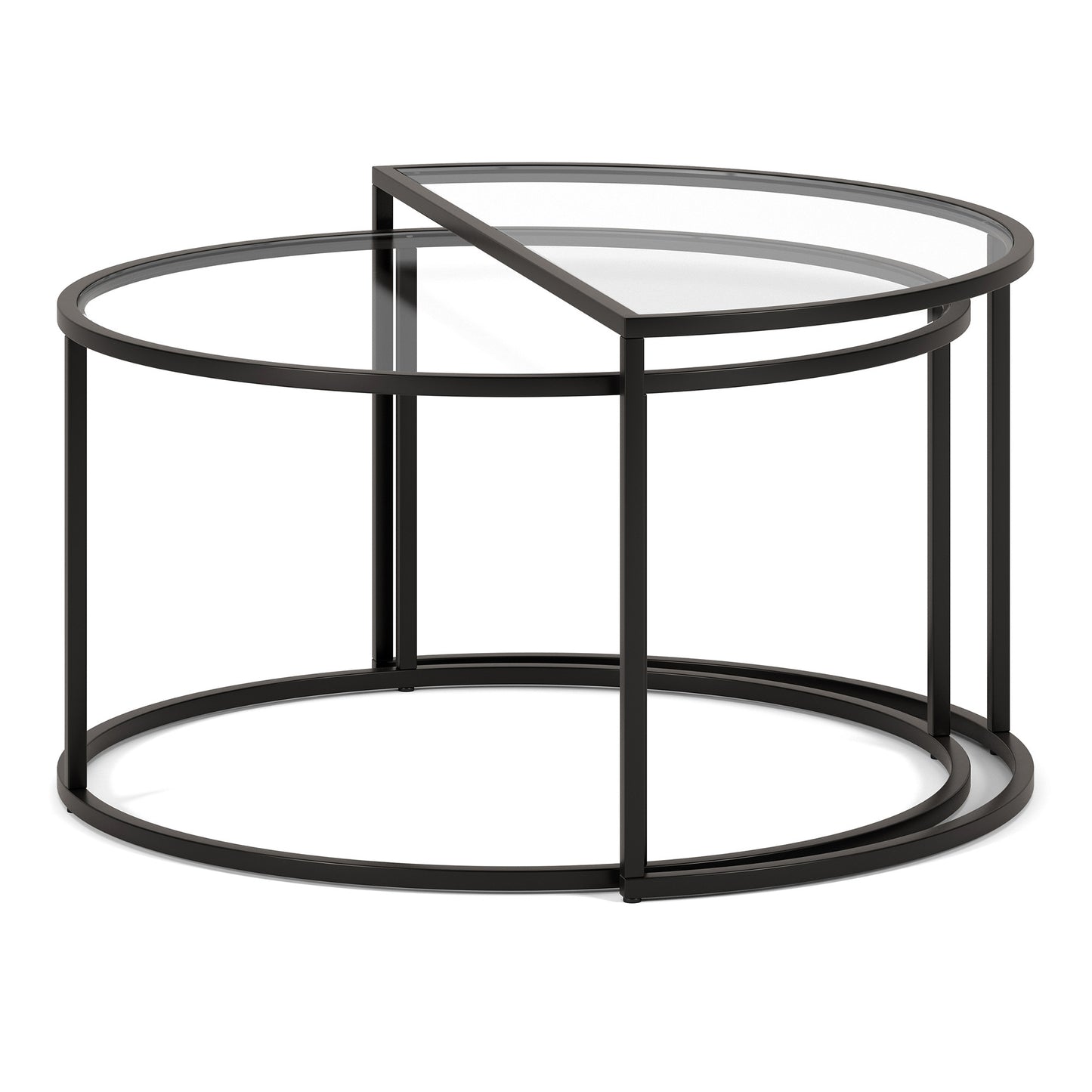 Set of Two Black Glass And Steel Half Circle Frame Nested Coffee Tables