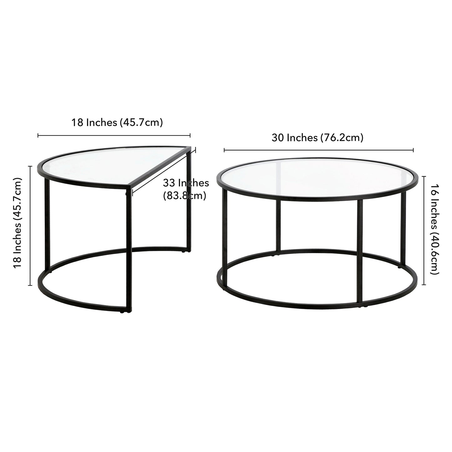 Set of Two Black Glass And Steel Half Circle Frame Nested Coffee Tables
