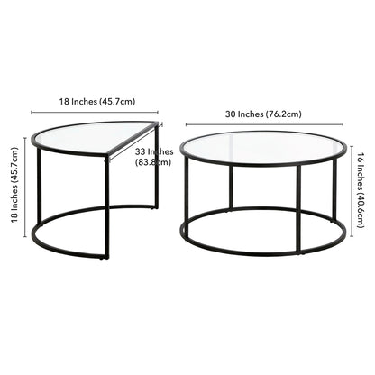 Set of Two Black Glass And Steel Half Circle Frame Nested Coffee Tables