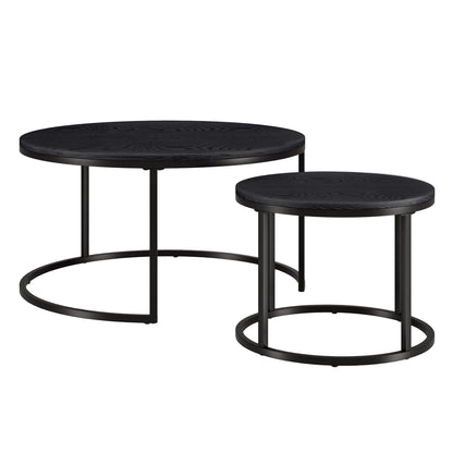 Set of Two Black Wood And Steel Round Frame Nested Coffee Tables
