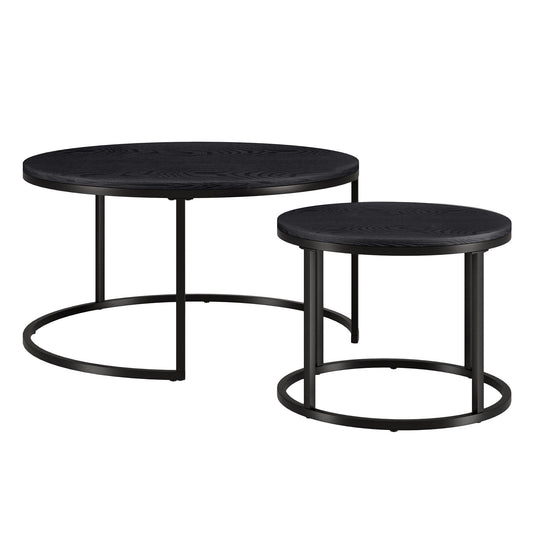 Set of Two Black Wood And Steel Round Frame Nested Coffee Tables