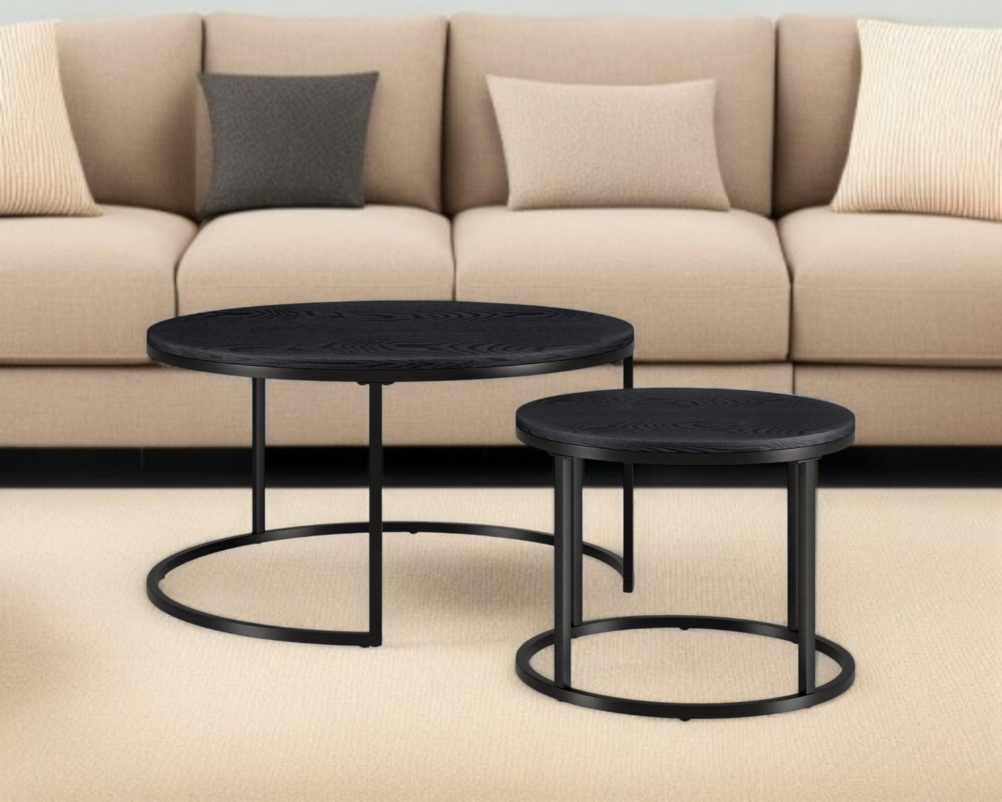 Set of Two Black Wood And Steel Round Frame Nested Coffee Tables