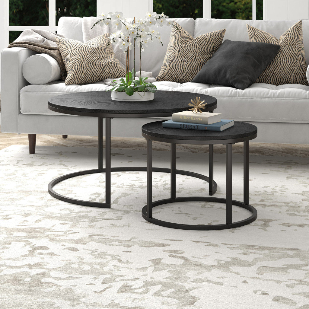 Set of Two Black Wood And Steel Round Frame Nested Coffee Tables