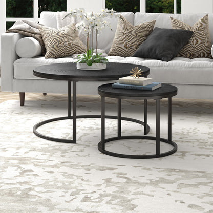 Set of Two Black Wood And Steel Round Frame Nested Coffee Tables