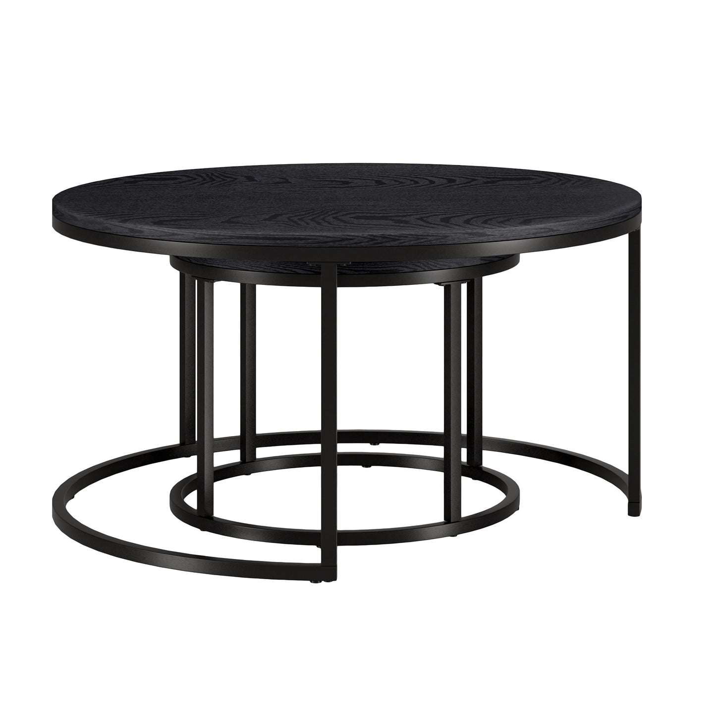 Set of Two Black Wood And Steel Round Frame Nested Coffee Tables