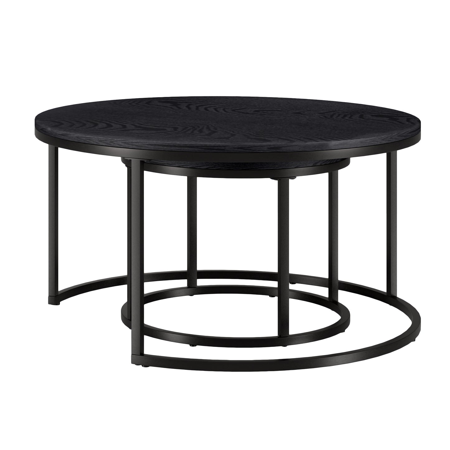 Set of Two Black Wood And Steel Round Frame Nested Coffee Tables