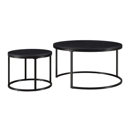 Set of Two Black Wood And Steel Round Frame Nested Coffee Tables