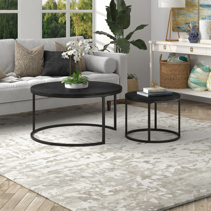 Set of Two Black Wood And Steel Round Frame Nested Coffee Tables
