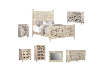 White Carved Floral Distressed Solid Wood Queen Bed Frame