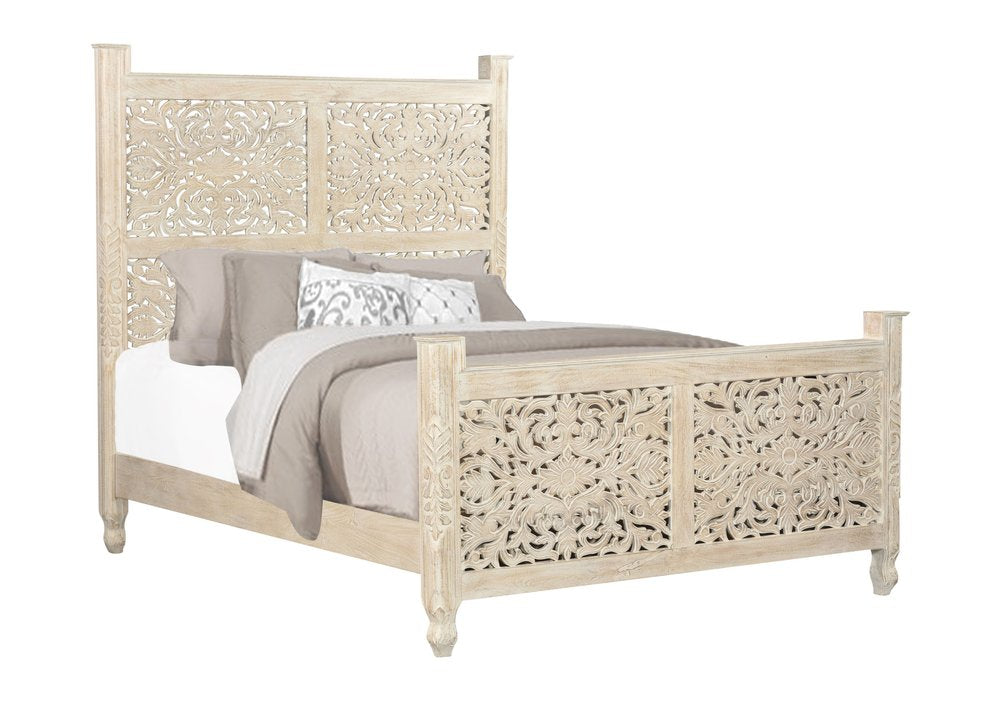 White Carved Floral Distressed Solid Wood Queen Bed Frame