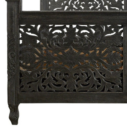 Black Carved Floral Distressed Solid Wood Queen Bed Frame