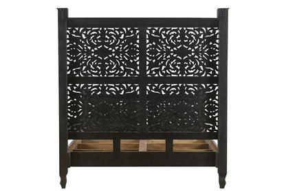 Black Carved Floral Distressed Solid Wood Queen Bed Frame