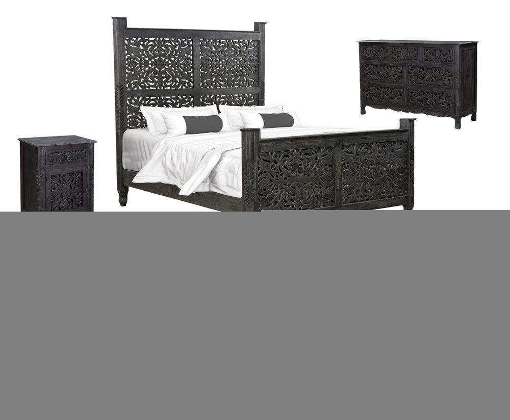 Black Carved Floral Distressed Solid Wood Queen Bed Frame