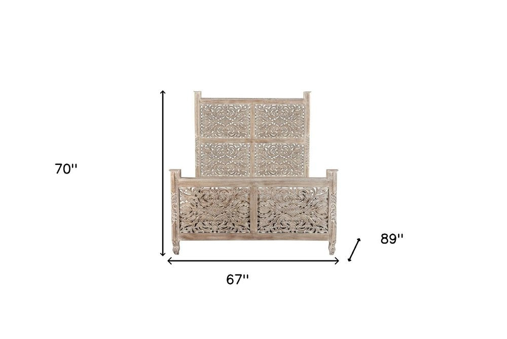 Gray Carved Floral Distressed Solid Wood Queen Bed Frame