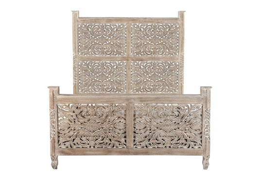 Gray Carved Floral Distressed Solid Wood Queen Bed Frame