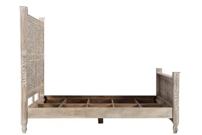 Gray Carved Floral Distressed Solid Wood Queen Bed Frame