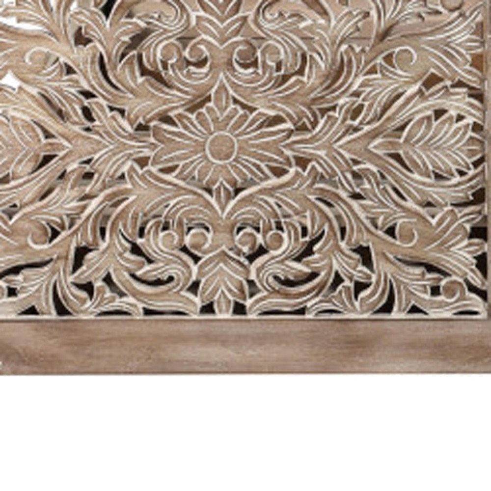 Gray Carved Floral Distressed Solid Wood Queen Bed Frame