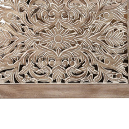 Gray Carved Floral Distressed Solid Wood Queen Bed Frame