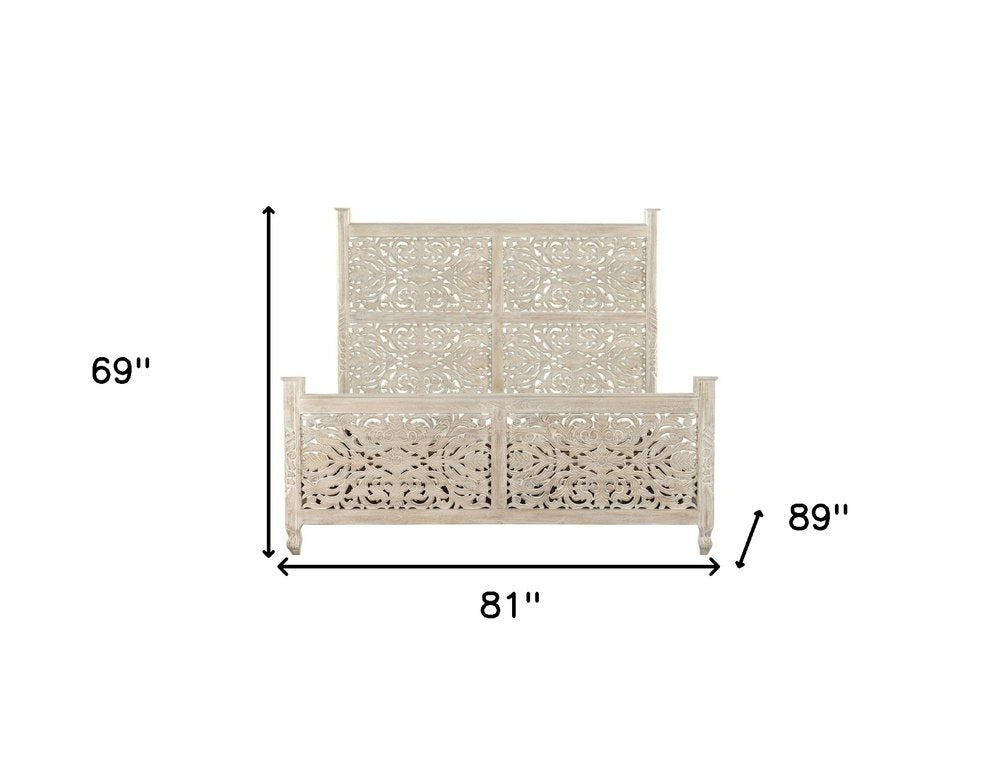 White Carved Floral Distressed Solid Wood King Bed Frame
