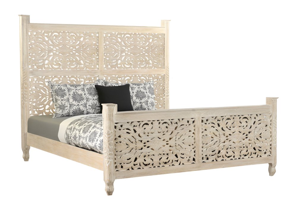 White Carved Floral Distressed Solid Wood King Bed Frame