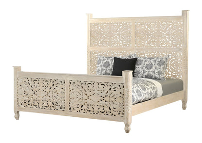 White Carved Floral Distressed Solid Wood King Bed Frame