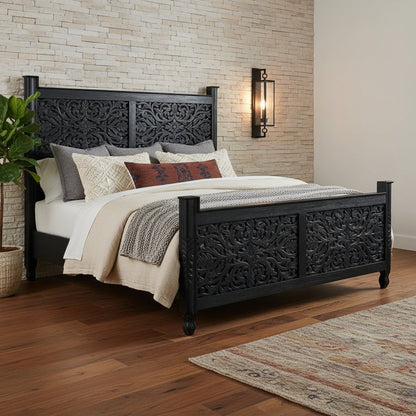 Carved Solid Wood King Black Bed