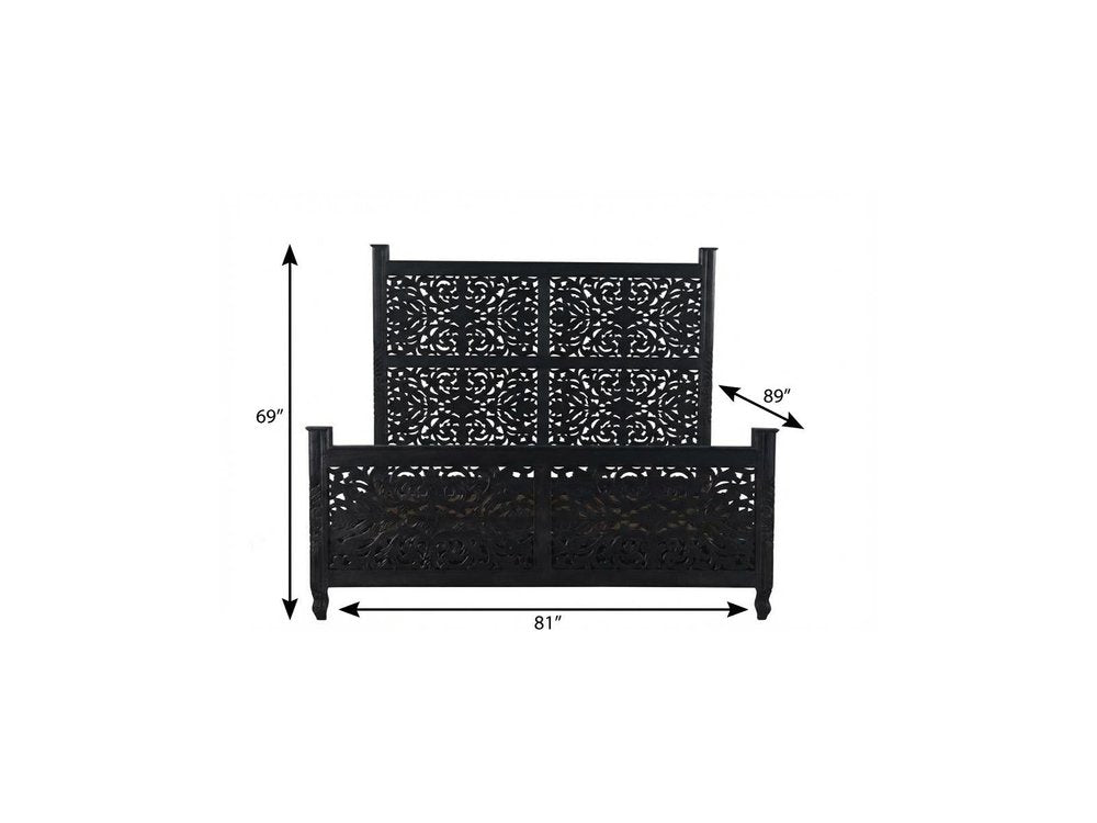 Carved Solid Wood King Black Bed
