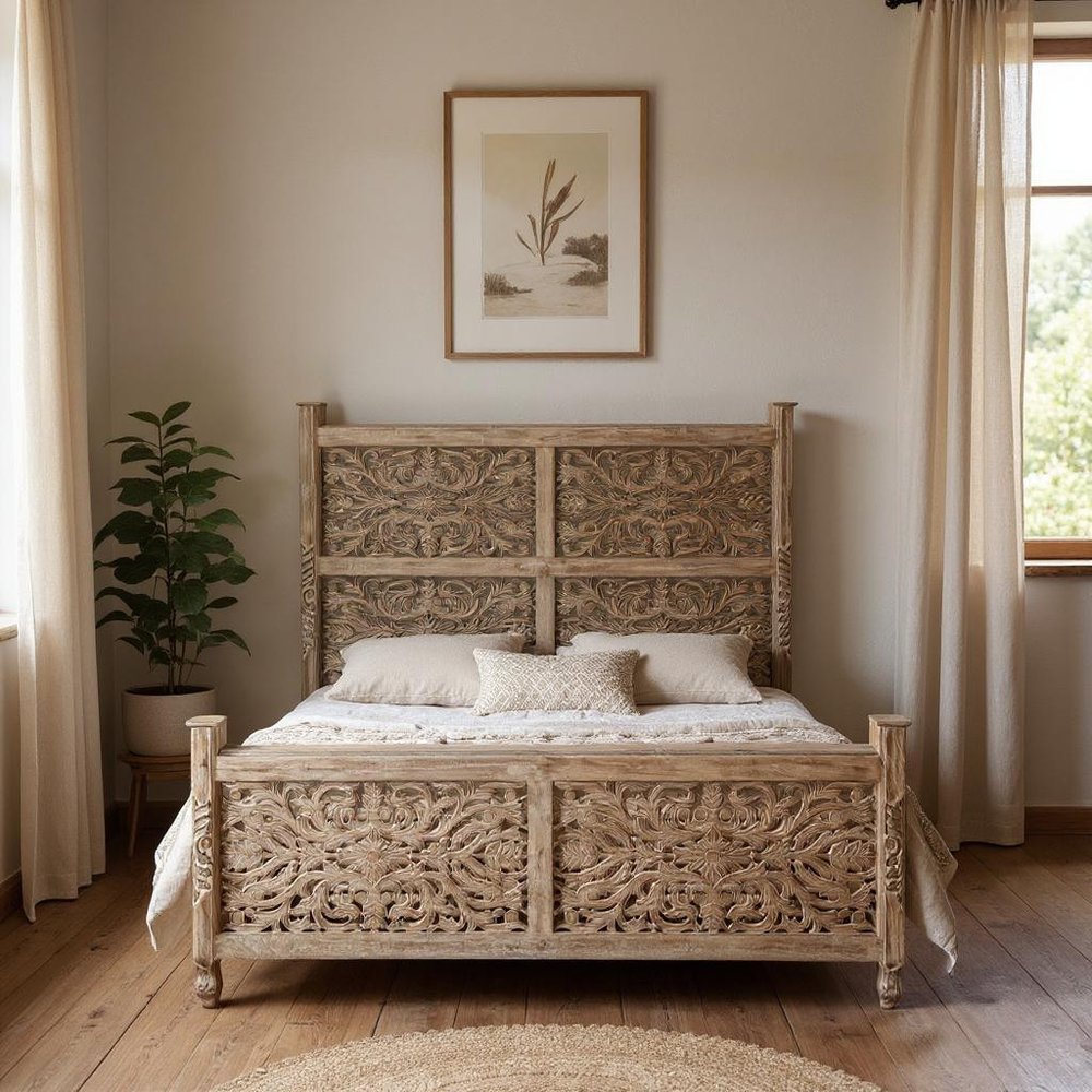Gray Carved Floral Solid Wood King Bed Frame