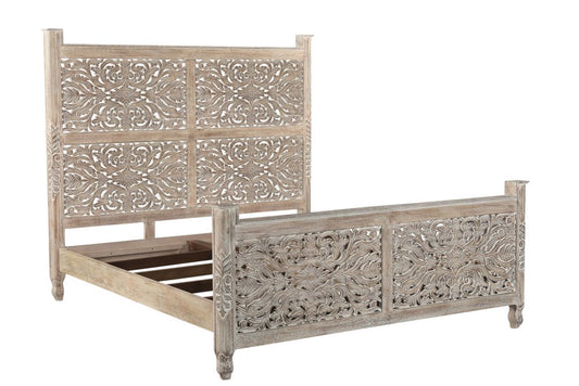Gray Carved Floral Solid Wood King Bed Frame