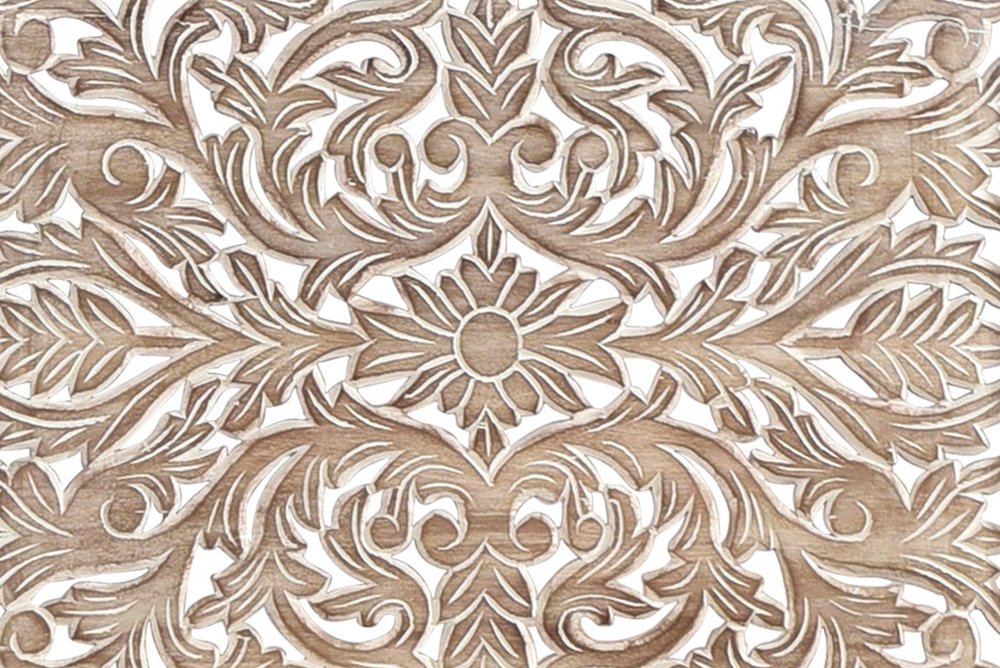 Gray Carved Floral Solid Wood King Bed Frame