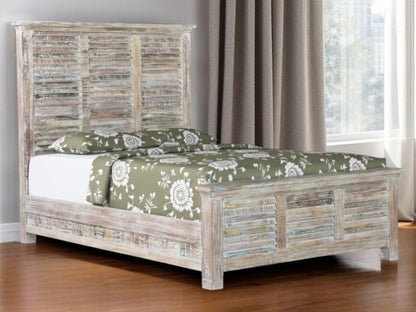 White Carved Geometric Distressed Reclaimed Wood Queen Bed Frame