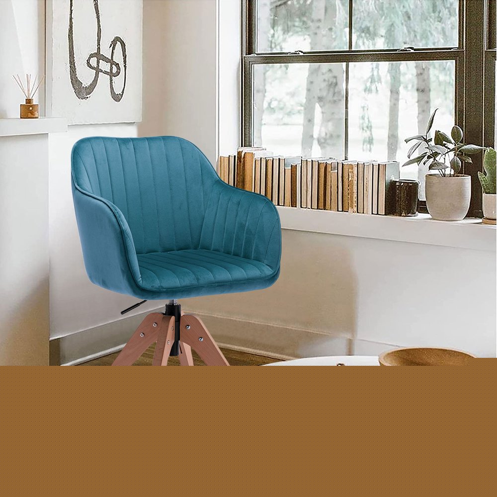 Tufted Teal Blue and Natural Upholstered Velvet Dining Arm Chair