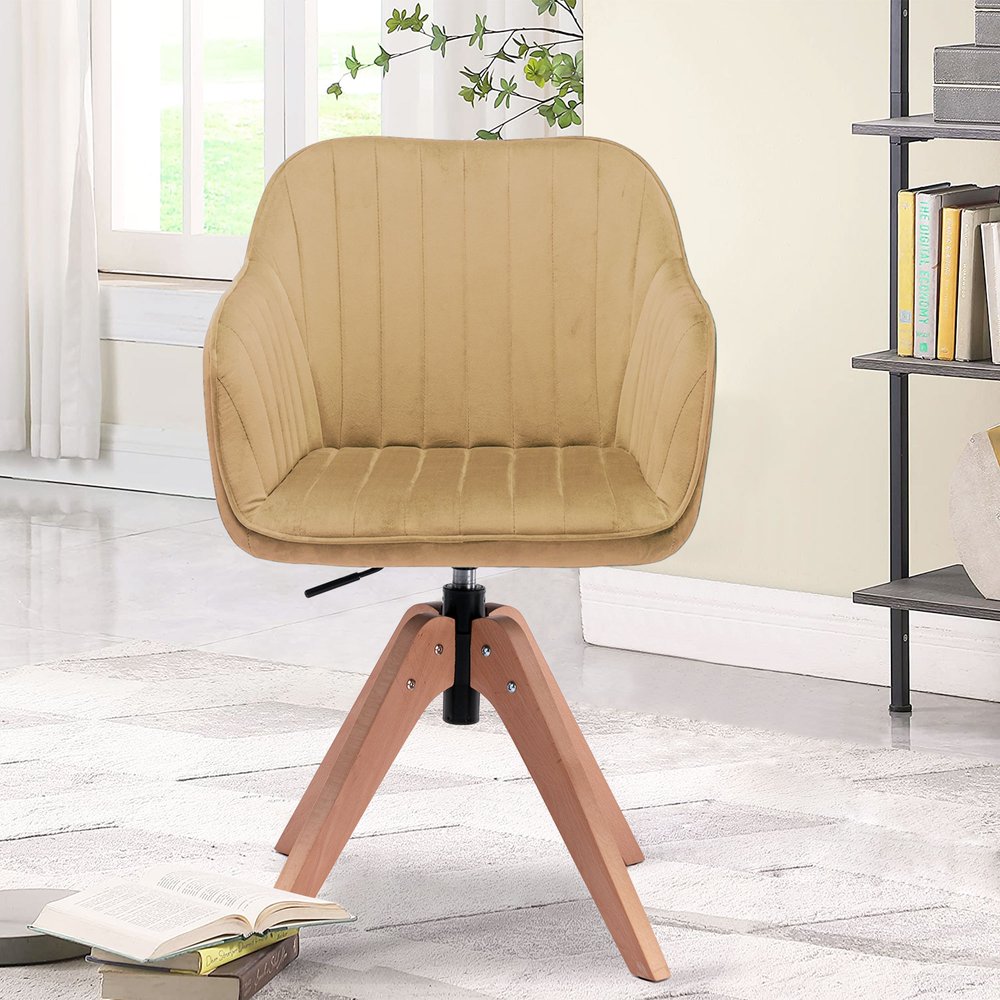 Tufted Champagne and Natural Upholstered Velvet Dining Arm Chair