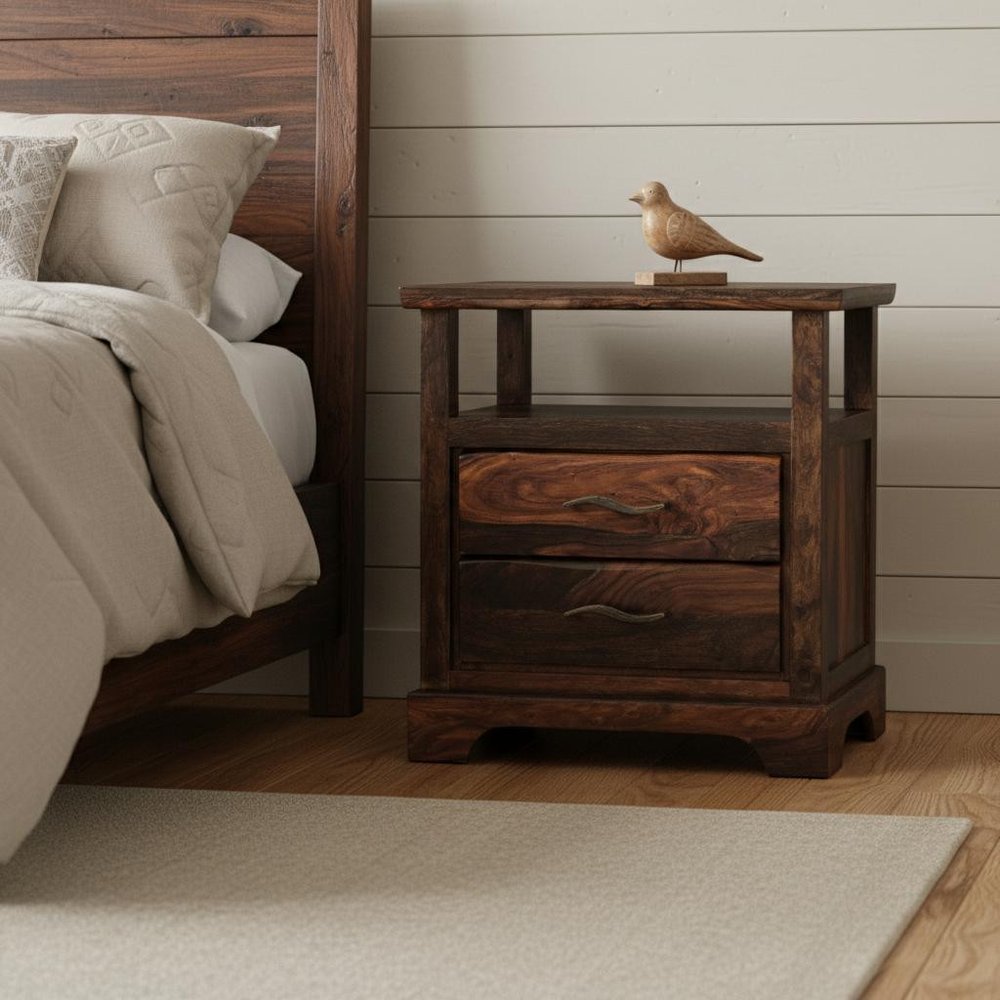 27" Dark Brown Solid Wood Two Drawer Nightstand