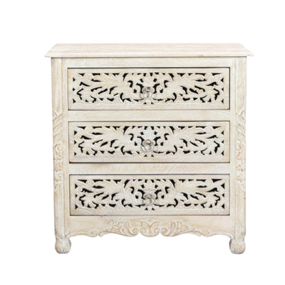 30" White Solid Wood Distressed Three Drawer Nightstand