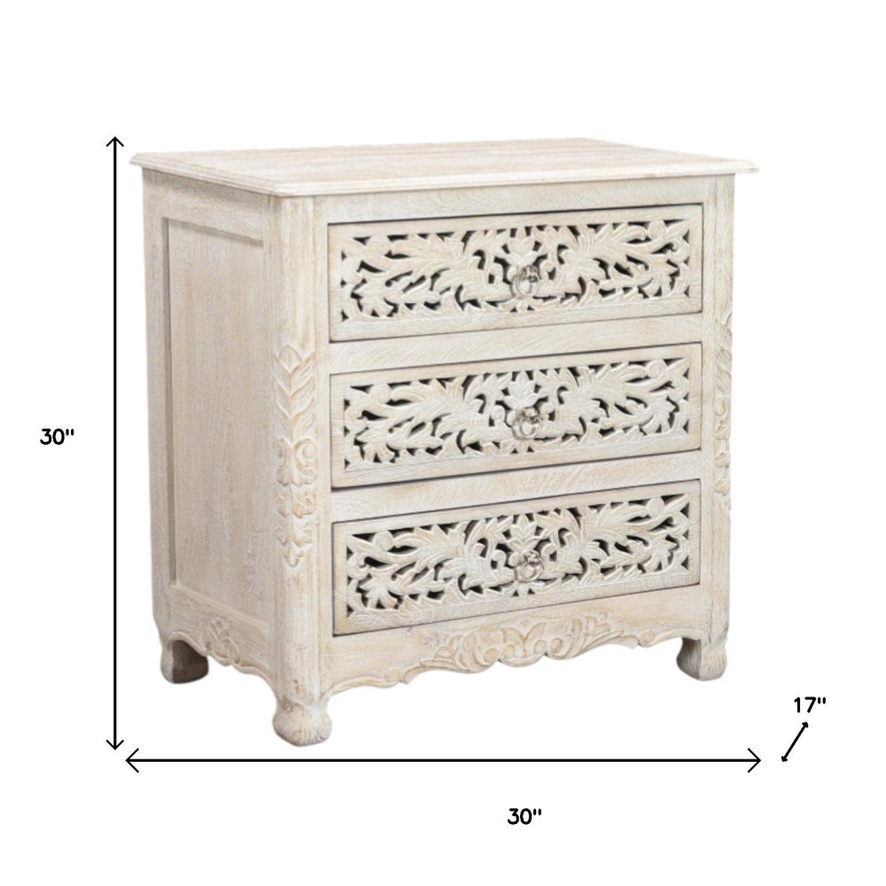 30" White Solid Wood Distressed Three Drawer Nightstand