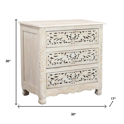 30" White Solid Wood Distressed Three Drawer Nightstand