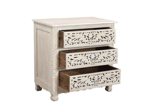 30" White Solid Wood Distressed Three Drawer Nightstand