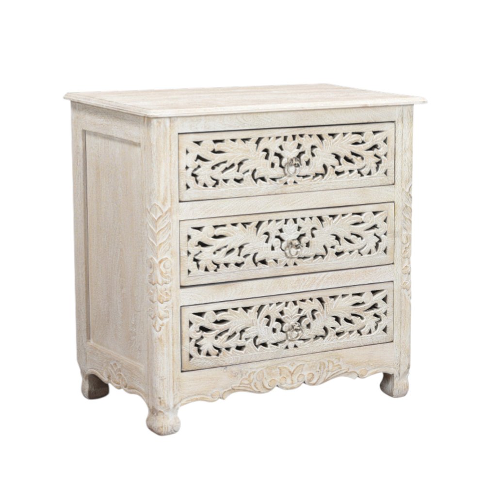 30" White Solid Wood Distressed Three Drawer Nightstand