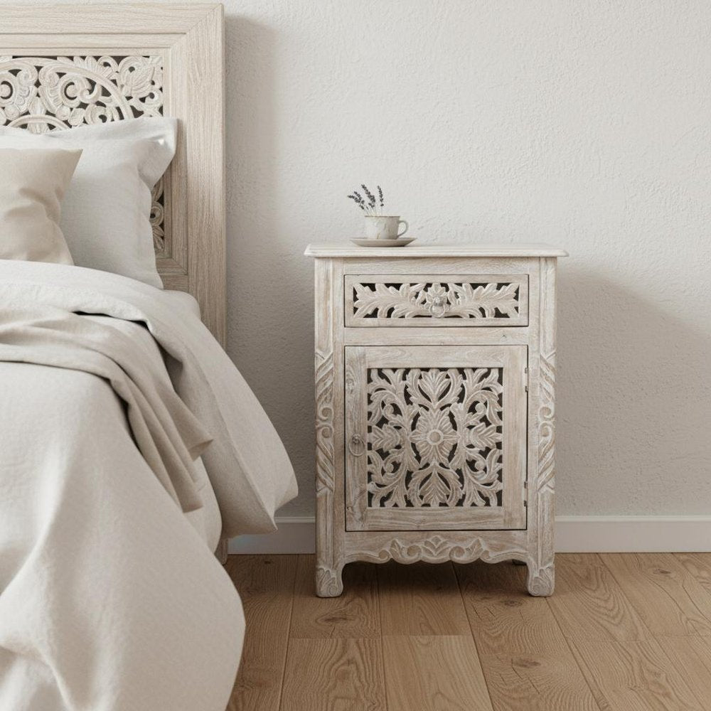 30" Distressed White One Drawer Carved Floral Solid Wood Nightstand