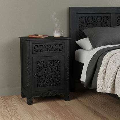 30" Black Solid Wood Distressed One Drawer Nightstand