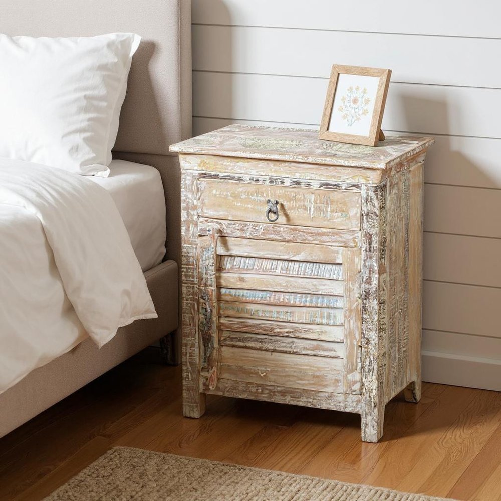30" White Solid Wood Distressed One Drawer Nightstand