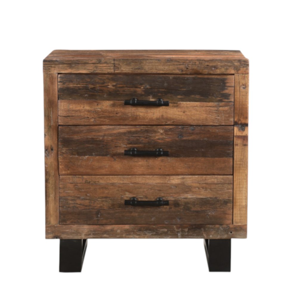 30" Dark Brown Solid Wood Distressed Three Drawer Nightstand