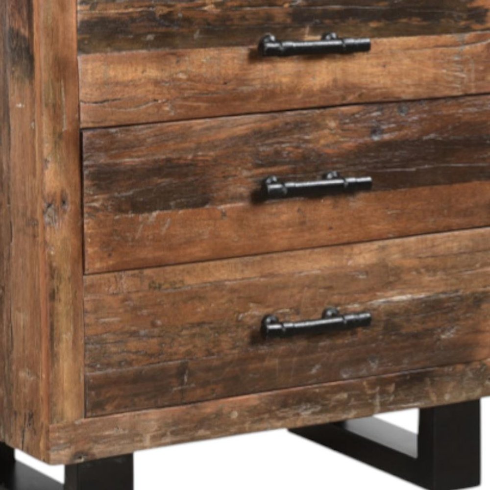 30" Dark Brown Solid Wood Distressed Three Drawer Nightstand