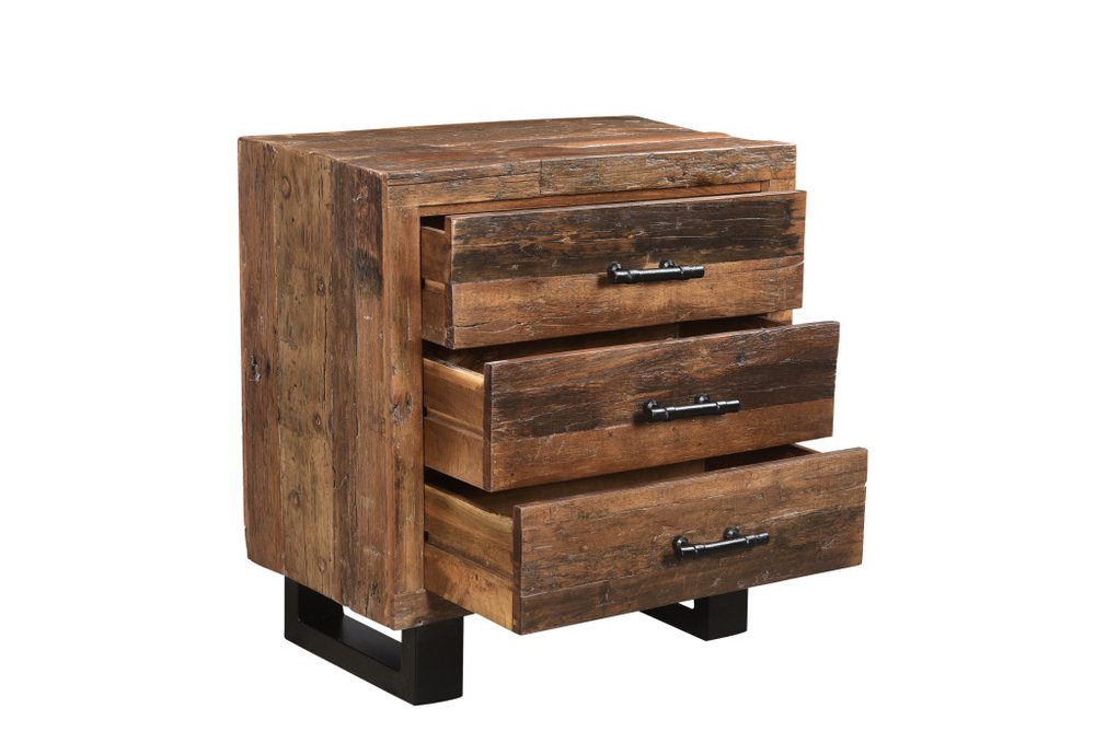 30" Dark Brown Solid Wood Distressed Three Drawer Nightstand