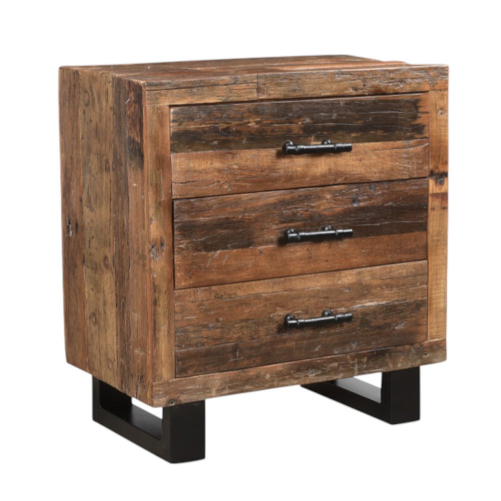 30" Dark Brown Solid Wood Distressed Three Drawer Nightstand