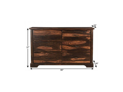 60" Dark Brown Solid Wood Six Drawer Dresser