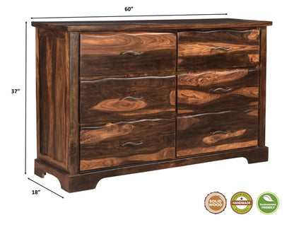 60" Dark Brown Solid Wood Six Drawer Dresser