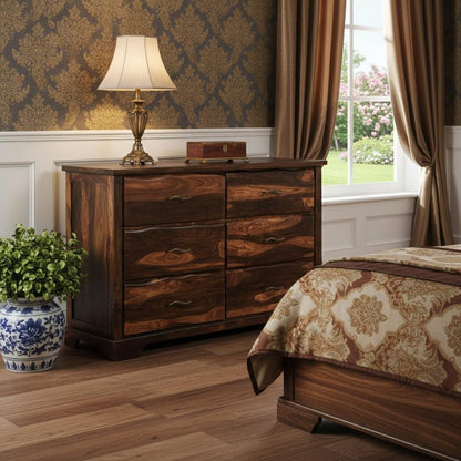 60" Dark Brown Solid Wood Six Drawer Dresser