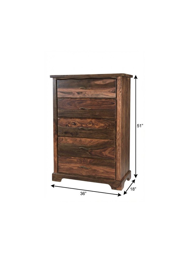 36" Dark Brown Solid Wood Five Drawer Chest